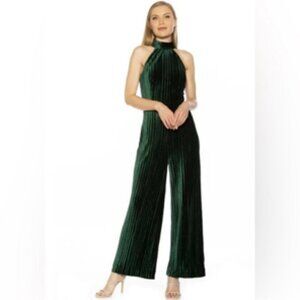 Alexia Admor Wide Leg Halter Neck Pleated Velvet Jumpsuit Green Size 2